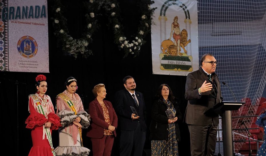 El consejero de Turismo y Andalucía Exterior, durante su intervención en los actos conmemorativos del 28F en la Comunidad Valenciana.