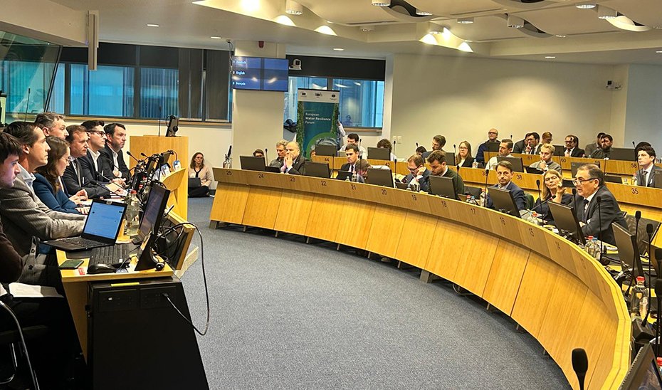 Un momento de la intervención del secretario general de Agua, Ramiro Angulo, en el I Foro Europeo Water Resilience, celebrado en Bruselas.